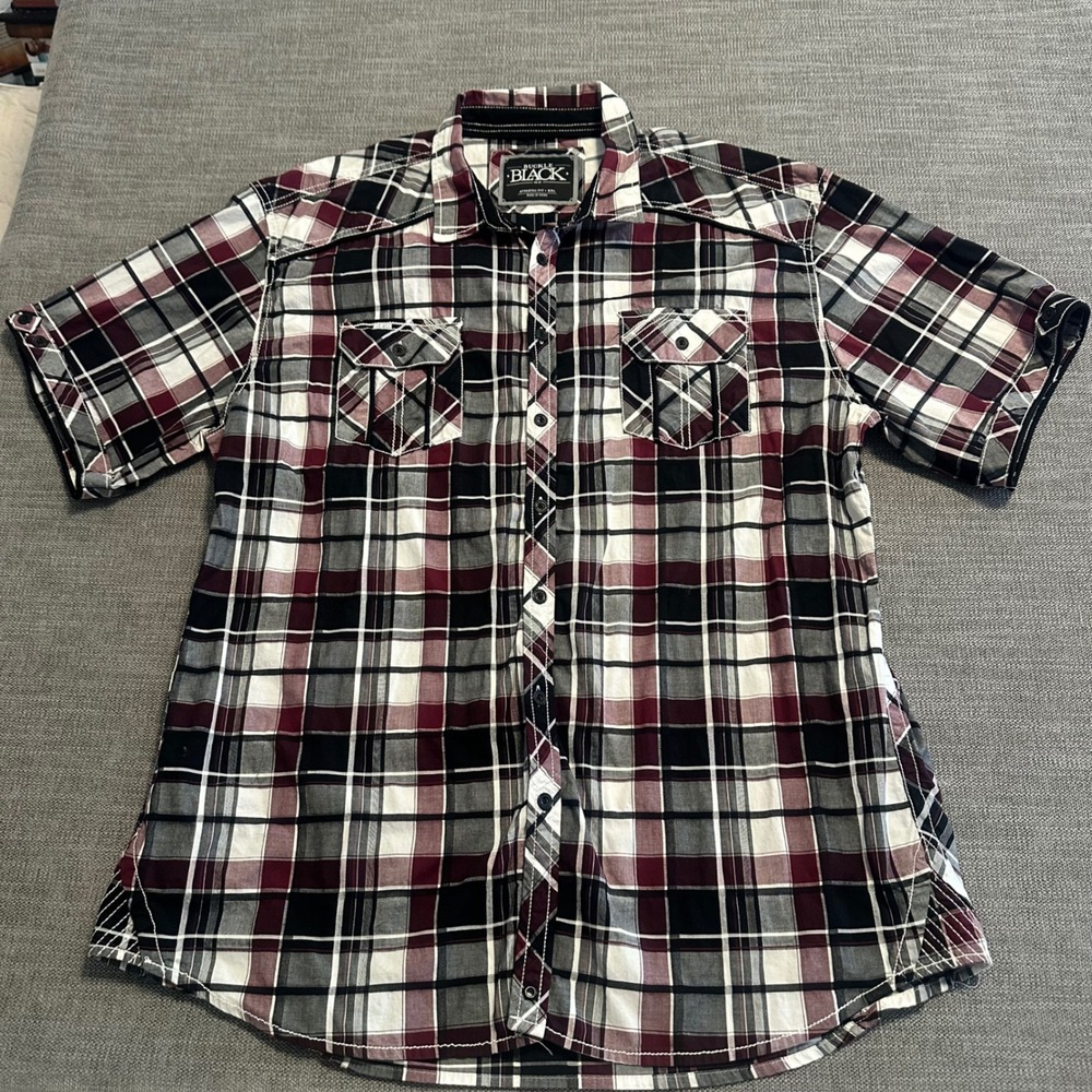 Buckle Black Button Down Shirt Mens XXL Burgundy Plaid Excellent Athletic Fit